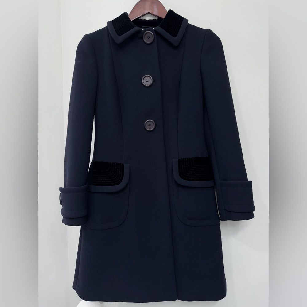Miu Miu Navy Wool Coat with black velvet accent Details